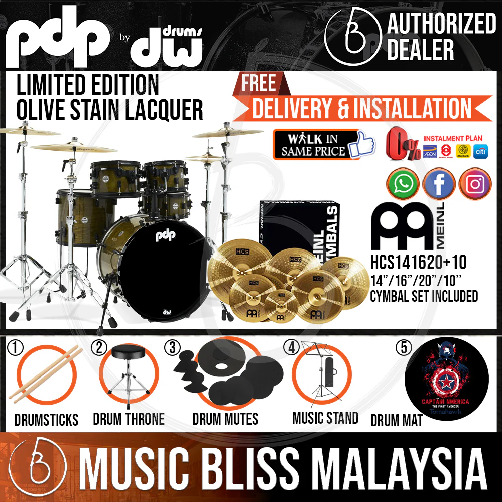 PDP by DW Limited Edition 5-piece Shell Pack with MEINL Cymbal Set - Olive Stain Lacquer