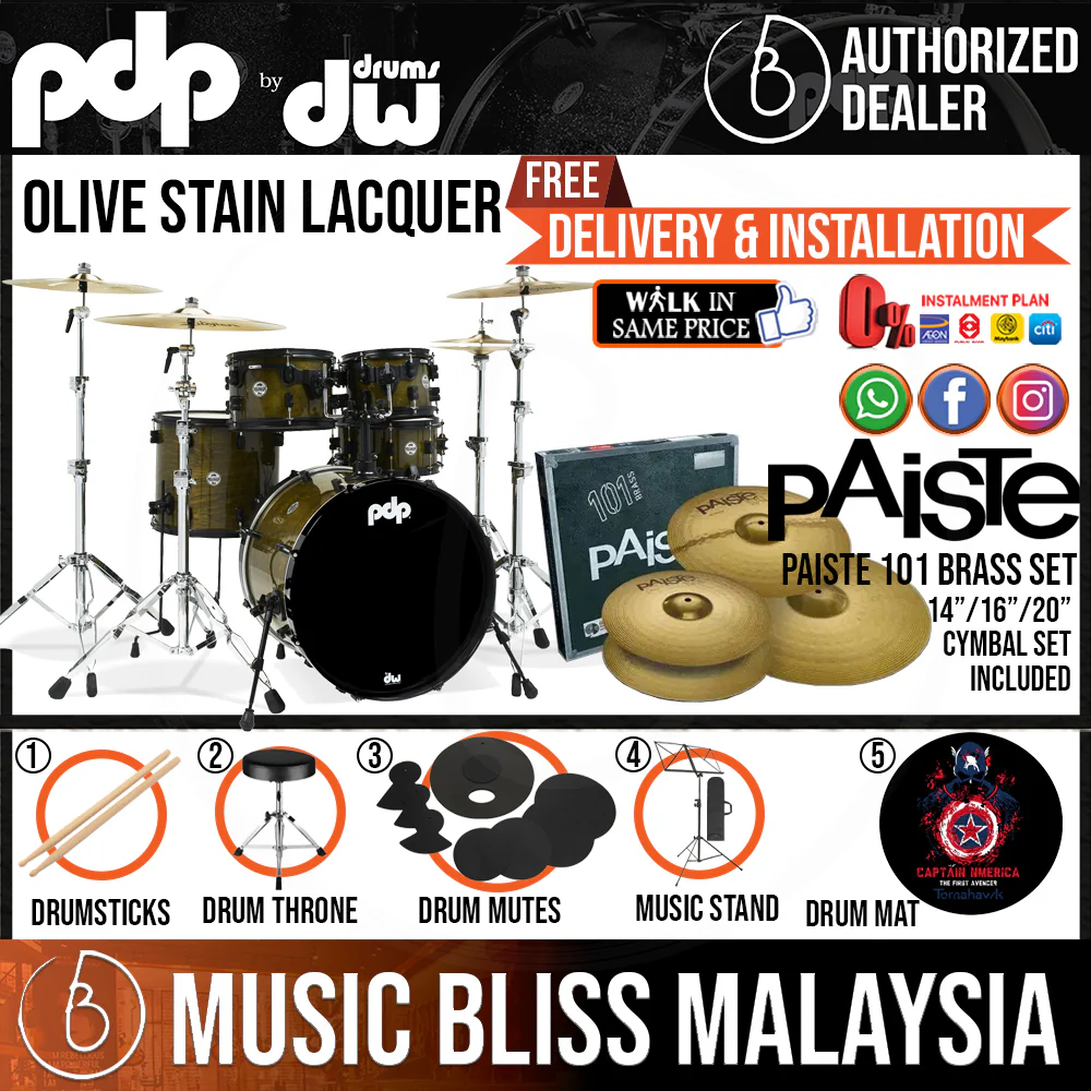 PDP by DW Limited Edition 5-piece Shell Pack with PAISTE 101 Cymbal Set - Olive Stain Lacquer