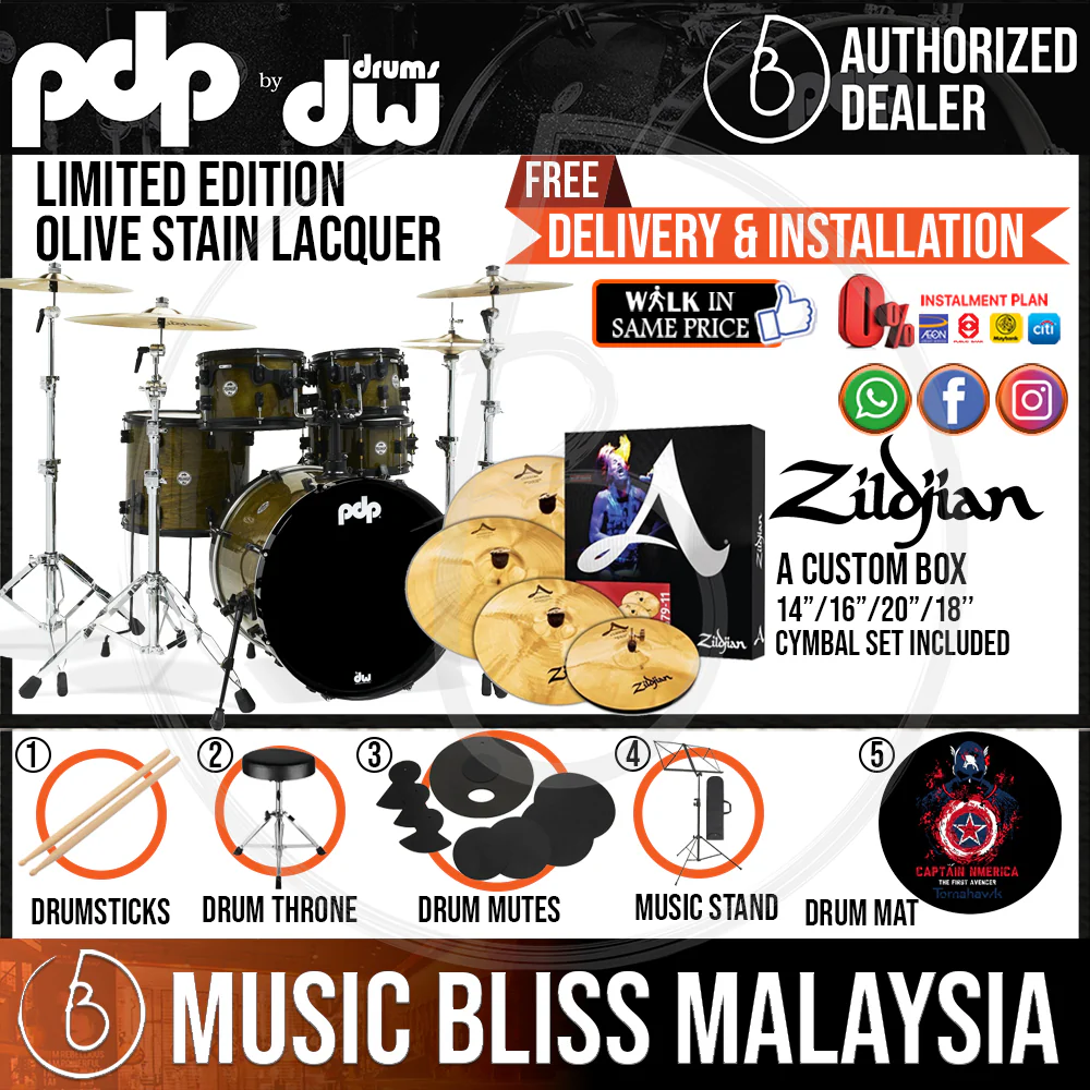PDP by DW Limited Edition 5-piece Shell Pack with ZILDJIAN A Custom Cymbal Set - Olive Stain Lacquer