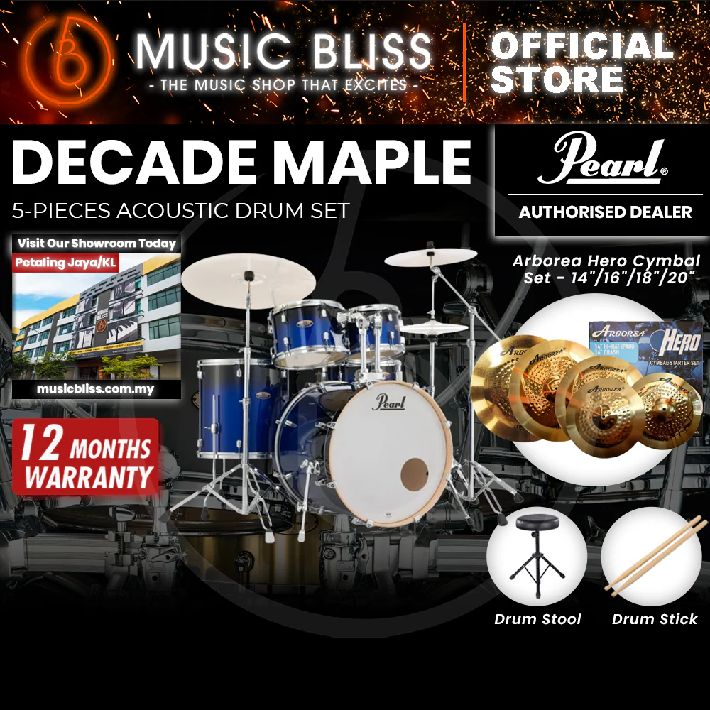 Pearl Decade Maple 5-Piece Drum Set with Hardware, Drumstick and Throne - 22 Inch Bass Drum - Kobalt Blue Fade - Image 10
