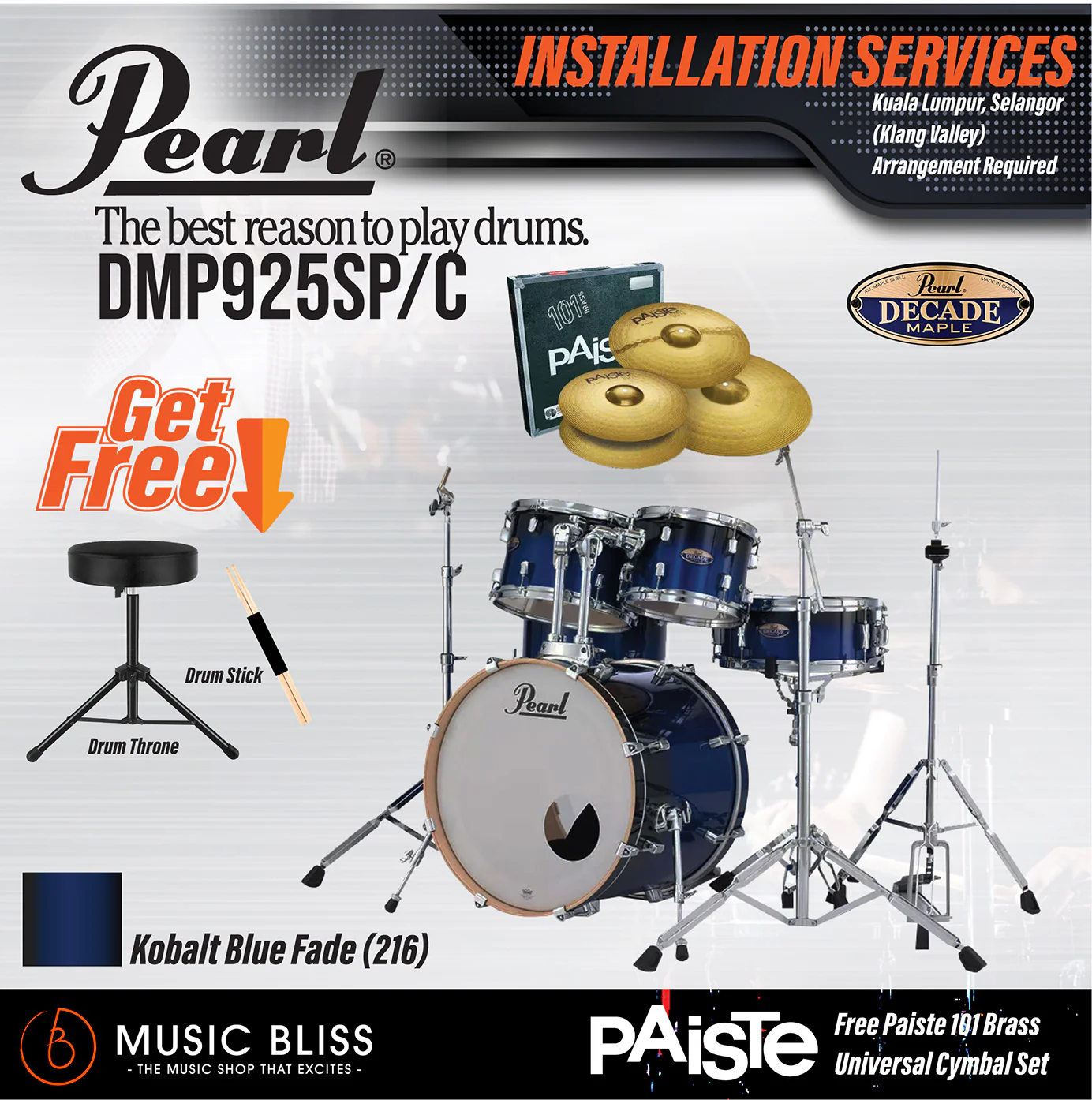 Pearl Decade Maple 5-Piece Drum Set with Hardware, Drumstick and Throne - 22 Inch Bass Drum - Kobalt Blue Fade - Image 5