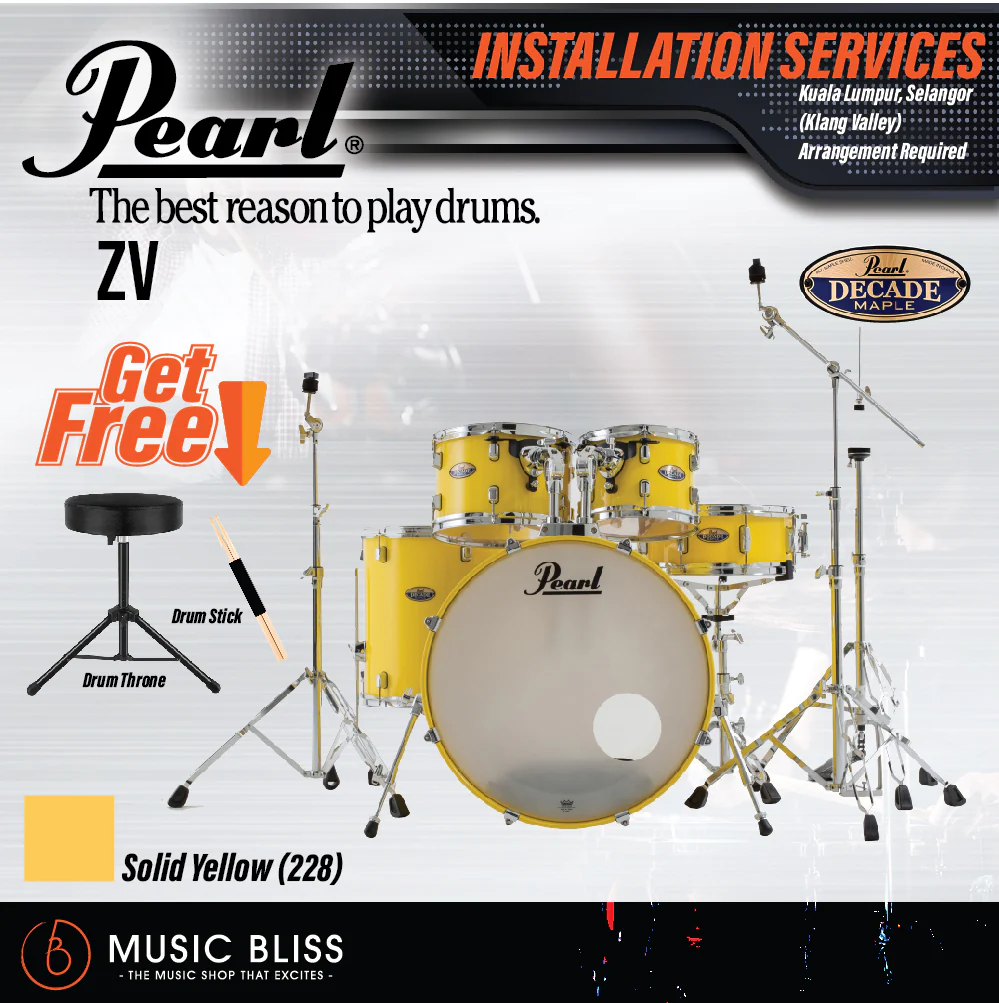 Pearl Decade Maple 5-Piece Drum Set with Hardware, Drumstick and Throne - 22 Inch Bass Drum - Solid Yellow