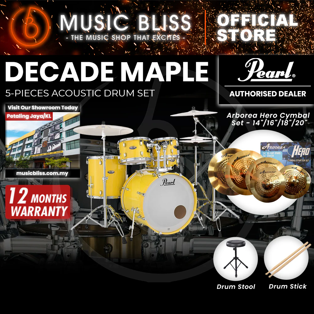 Pearl Decade Maple 5-Piece Drum Set with Hardware, Drumstick and Throne - 22 Inch Bass Drum - Solid Yellow - Image 10
