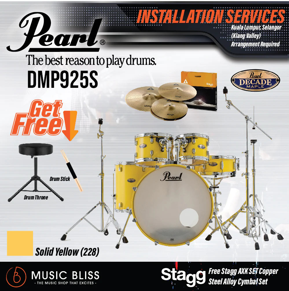 Pearl Decade Maple 5-Piece Drum Set with Hardware, Drumstick and Throne - 22 Inch Bass Drum - Solid Yellow - Image 2
