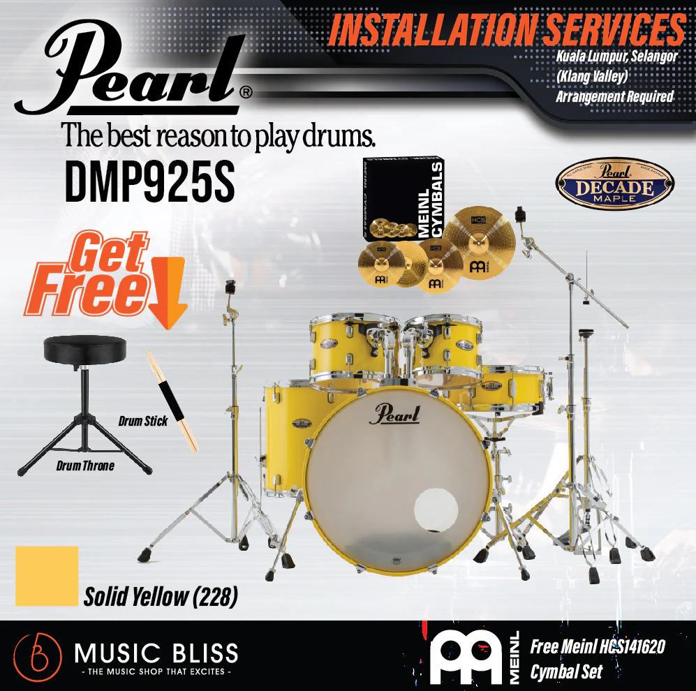 Pearl Decade Maple 5-Piece Drum Set with Hardware, Drumstick and Throne - 22 Inch Bass Drum - Solid Yellow - Image 3