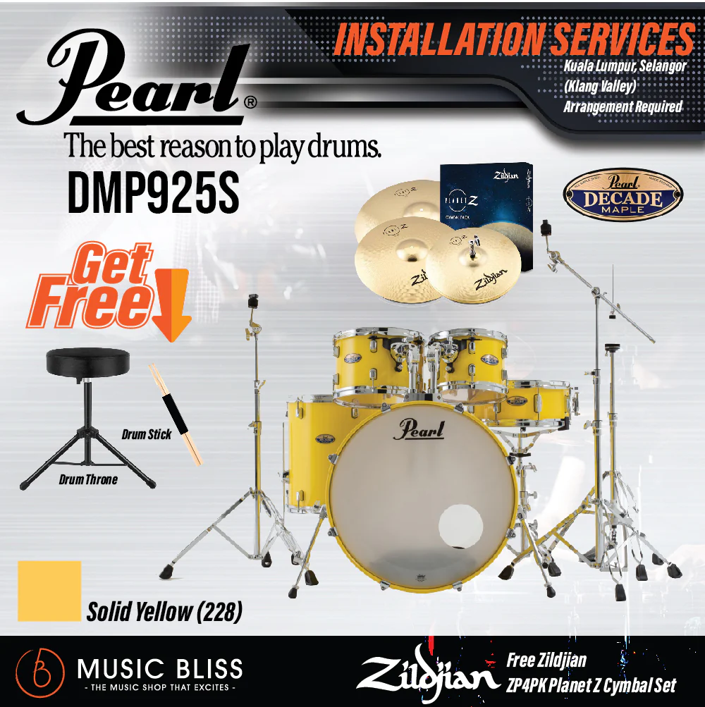 Pearl Decade Maple 5-Piece Drum Set with Hardware, Drumstick and Throne - 22 Inch Bass Drum - Solid Yellow - Image 4