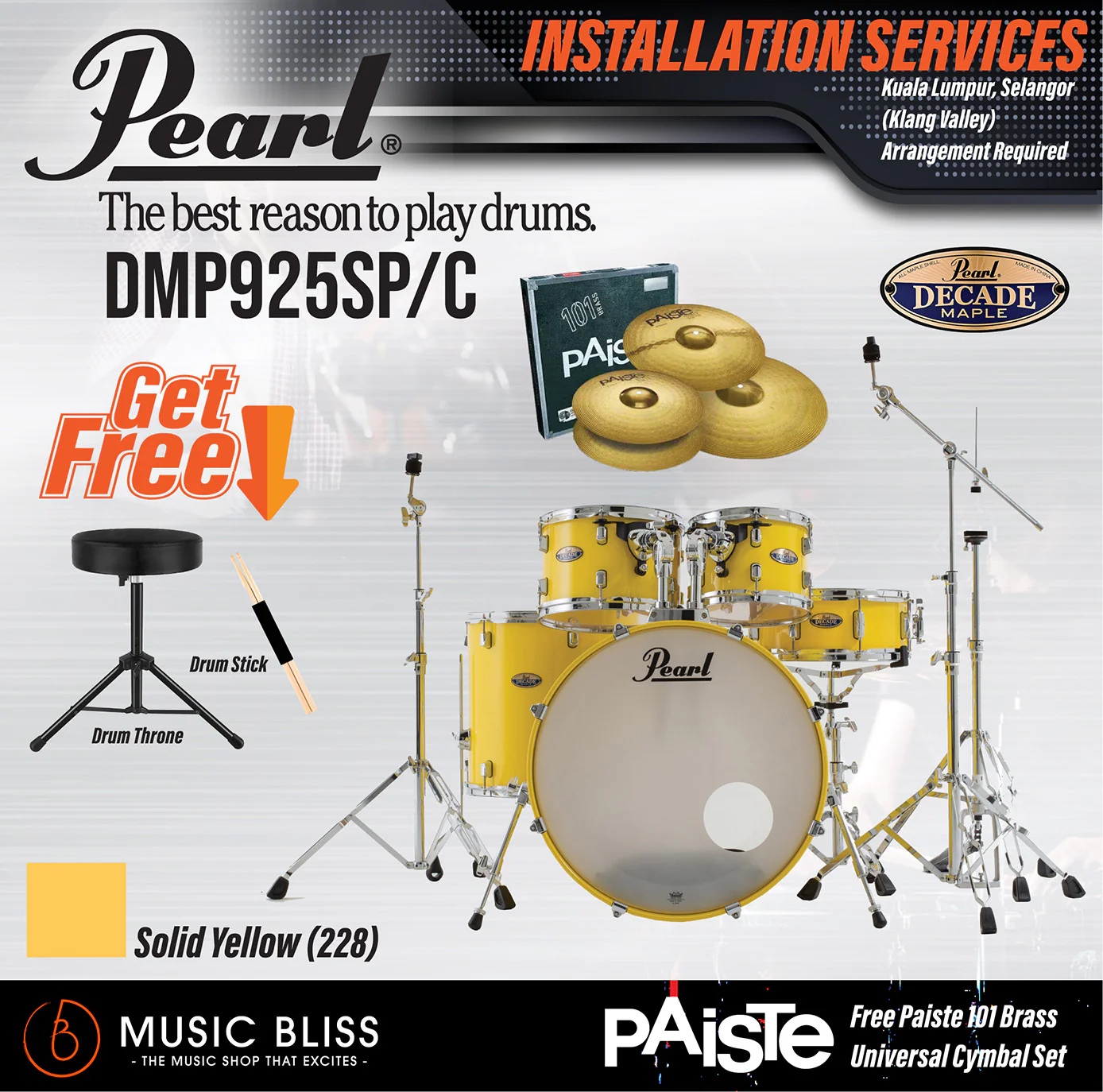 Pearl Decade Maple 5-Piece Drum Set with Hardware, Drumstick and Throne - 22 Inch Bass Drum - Solid Yellow - Image 5