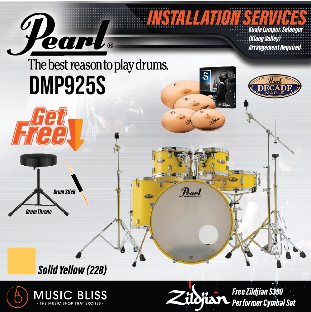 Pearl Decade Maple 5-Piece Drum Set with Hardware, Drumstick and Throne - 22 Inch Bass Drum - Solid Yellow - Image 6