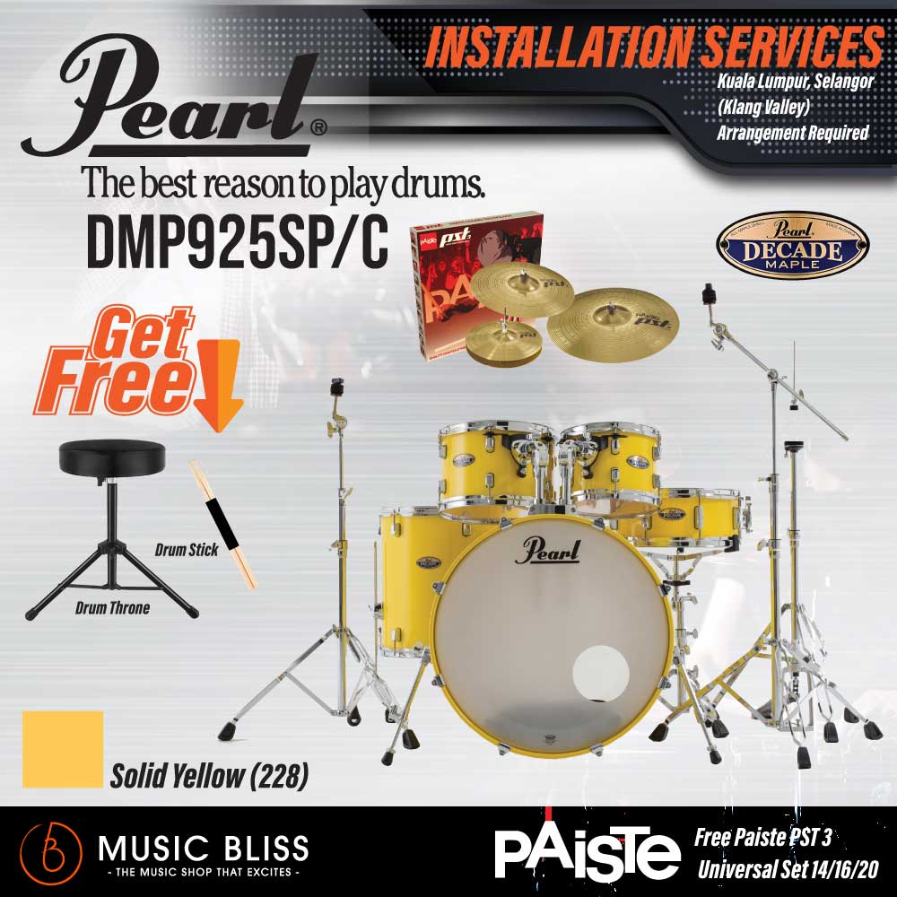 Pearl Decade Maple 5-Piece Drum Set with Hardware, Drumstick and Throne - 22 Inch Bass Drum - Solid Yellow - Image 7