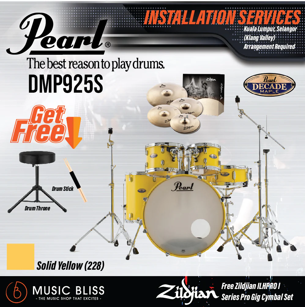 Pearl Decade Maple 5-Piece Drum Set with Hardware, Drumstick and Throne - 22 Inch Bass Drum - Solid Yellow - Image 8