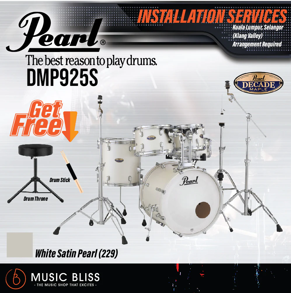 Pearl Decade Maple 5-Piece Drum Set with Hardware, Drumstick and Throne - 22 Inch Bass Drum - White Satin Pearl