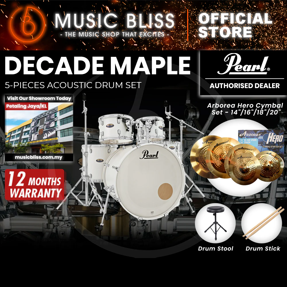 Pearl Decade Maple 5-Piece Drum Set with Hardware, Drumstick and Throne - 22 Inch Bass Drum - White Satin Pearl - Image 10