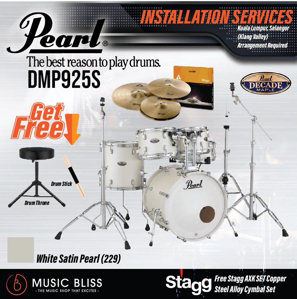 Pearl Decade Maple 5-Piece Drum Set with Hardware, Drumstick and Throne - 22 Inch Bass Drum - White Satin Pearl - Image 2