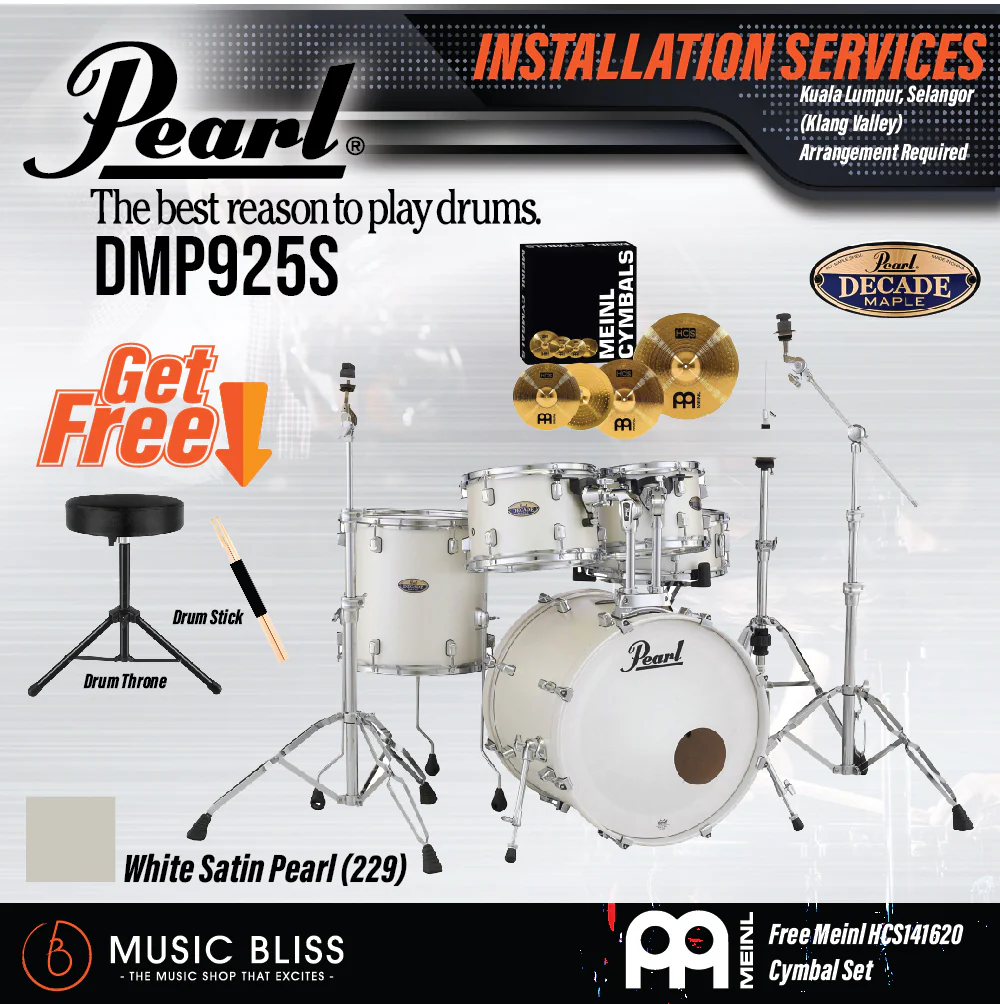 Pearl Decade Maple 5-Piece Drum Set with Hardware, Drumstick and Throne - 22 Inch Bass Drum - White Satin Pearl - Image 3