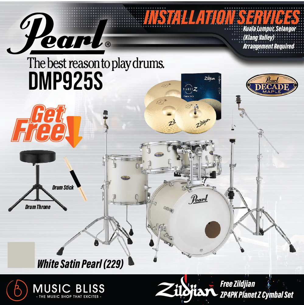 Pearl Decade Maple 5-Piece Drum Set with Hardware, Drumstick and Throne - 22 Inch Bass Drum - White Satin Pearl - Image 4