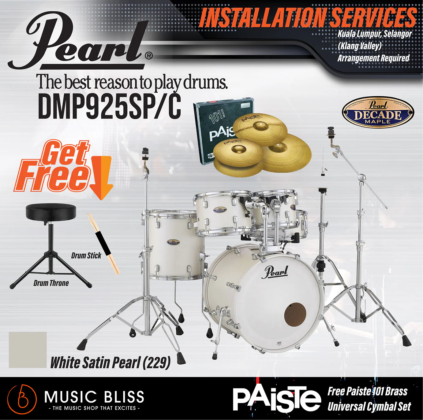 Pearl Decade Maple 5-Piece Drum Set with Hardware, Drumstick and Throne - 22 Inch Bass Drum - White Satin Pearl - Image 5