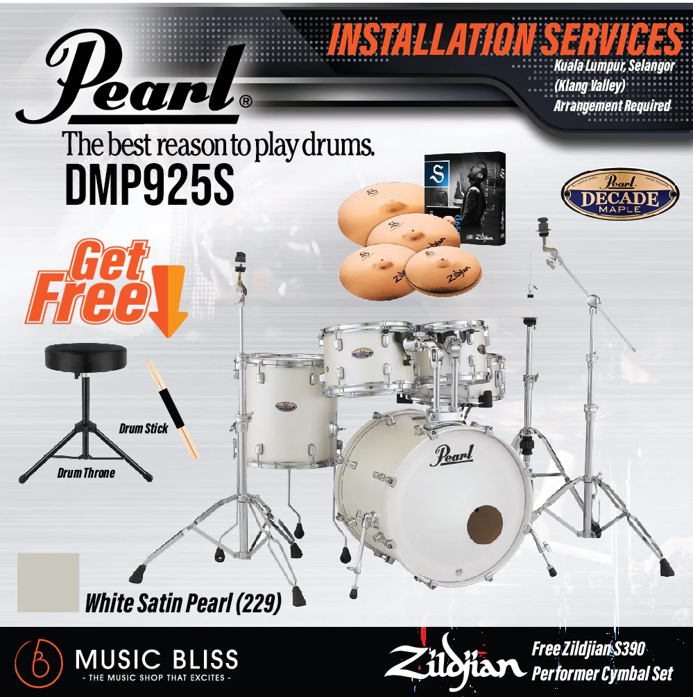 Pearl Decade Maple 5-Piece Drum Set with Hardware, Drumstick and Throne - 22 Inch Bass Drum - White Satin Pearl - Image 6