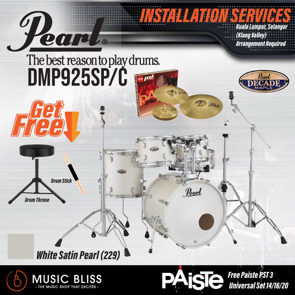 Pearl Decade Maple 5-Piece Drum Set with Hardware, Drumstick and Throne - 22 Inch Bass Drum - White Satin Pearl - Image 7