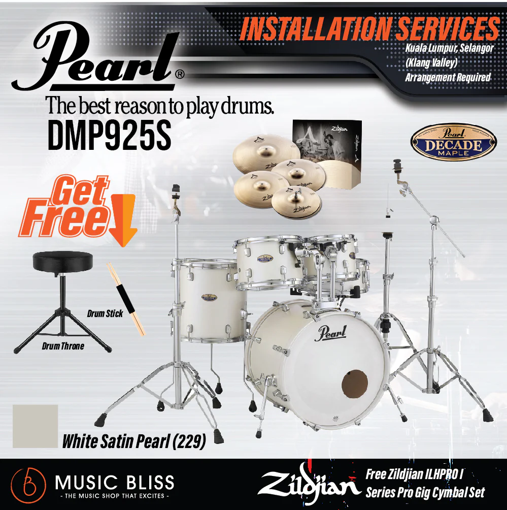 Pearl Decade Maple 5-Piece Drum Set with Hardware, Drumstick and Throne - 22 Inch Bass Drum - White Satin Pearl - Image 8
