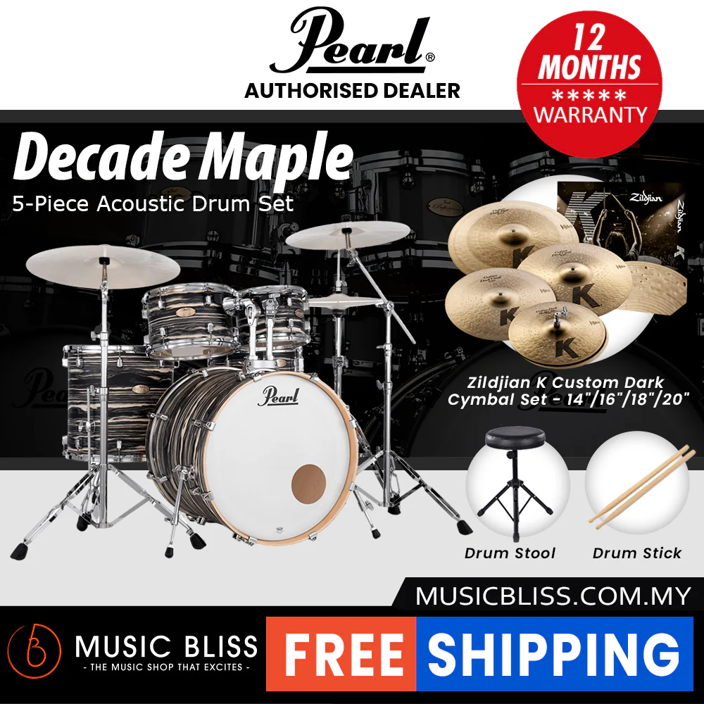Pearl Decade Maple 5-Piece Drum Set with Hardware, Drumstick and Throne - 22 Inch Bass Drum - Black Satin Marble - Image 10