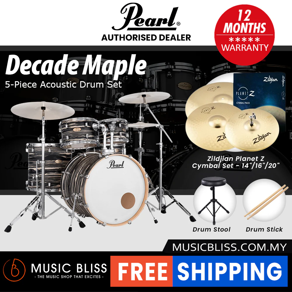 Pearl Decade Maple 5-Piece Drum Set with Hardware, Drumstick and Throne - 22 Inch Bass Drum - Black Satin Marble - Image 5