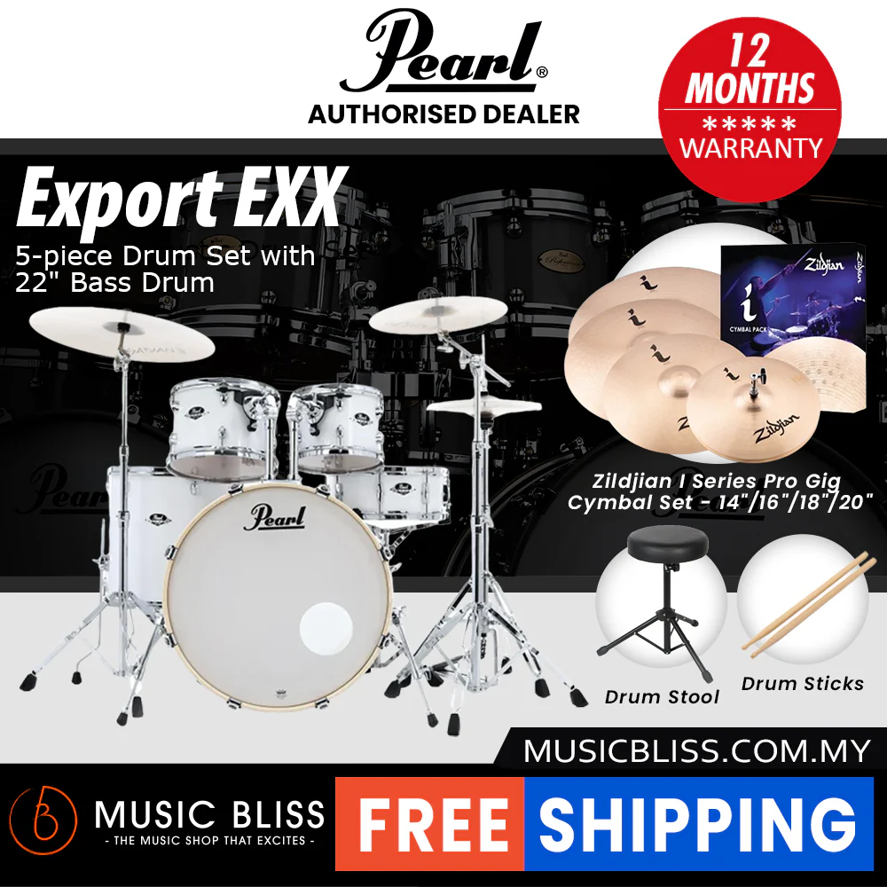 Pearl Export EXX 5-Piece Drum Set with Hardware, Drumstick and Throne - 22 Inch Bass Drum - Pure White - Image 10
