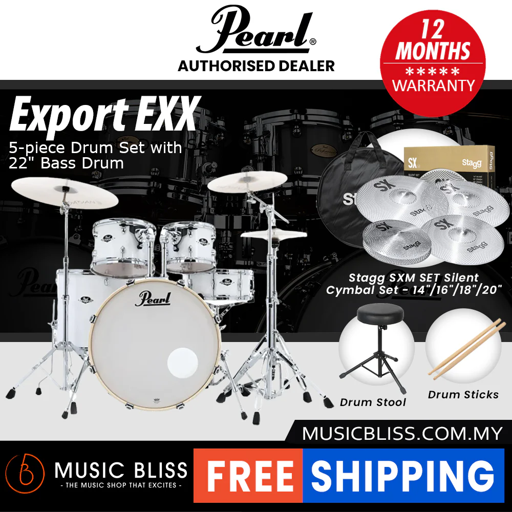 Pearl Export EXX 5-Piece Drum Set with Hardware, Drumstick and Throne - 22 Inch Bass Drum - Pure White - Image 11