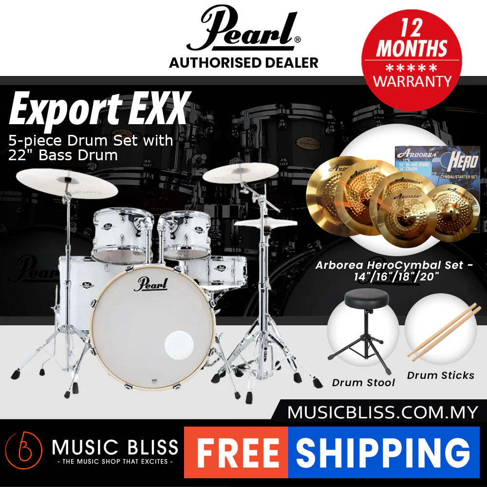 Pearl Export EXX 5-Piece Drum Set with Hardware, Drumstick and Throne - 22 Inch Bass Drum - Pure White - Image 12