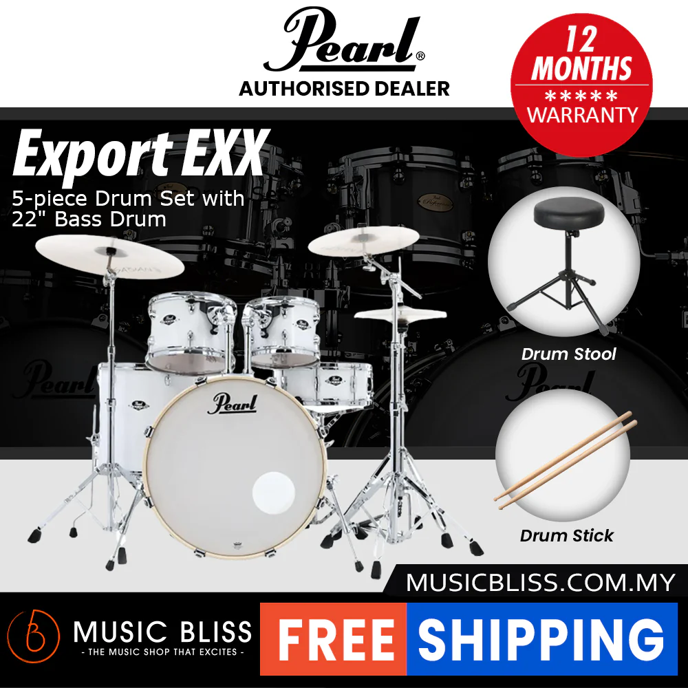 Pearl Export EXX 5-Piece Drum Set with Hardware, Drumstick and Throne - 22 Inch Bass Drum - Pure White - Image 2