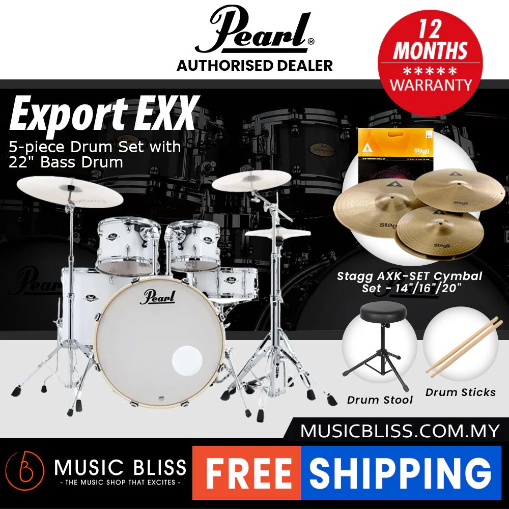 Pearl Export EXX 5-Piece Drum Set with Hardware, Drumstick and Throne - 22 Inch Bass Drum - Pure White - Image 3