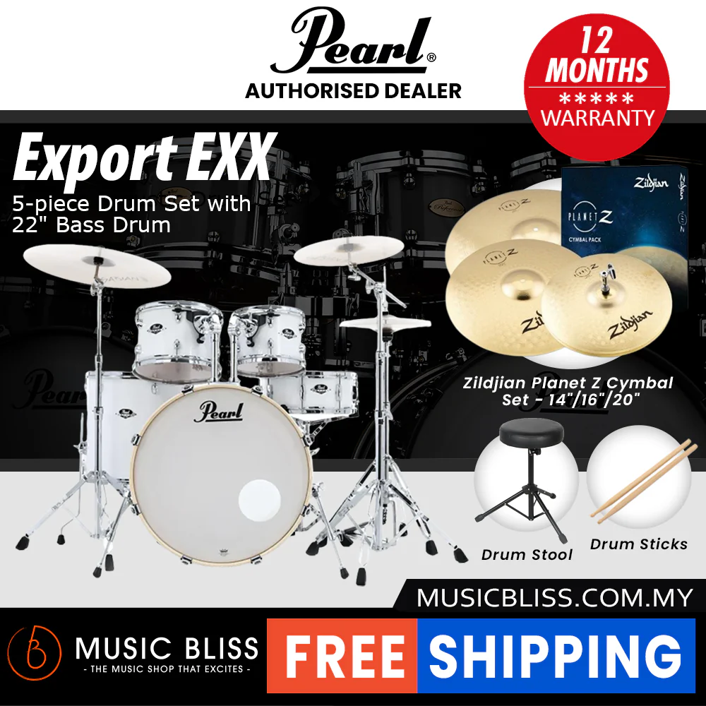 Pearl Export EXX 5-Piece Drum Set with Hardware, Drumstick and Throne - 22 Inch Bass Drum - Pure White - Image 4
