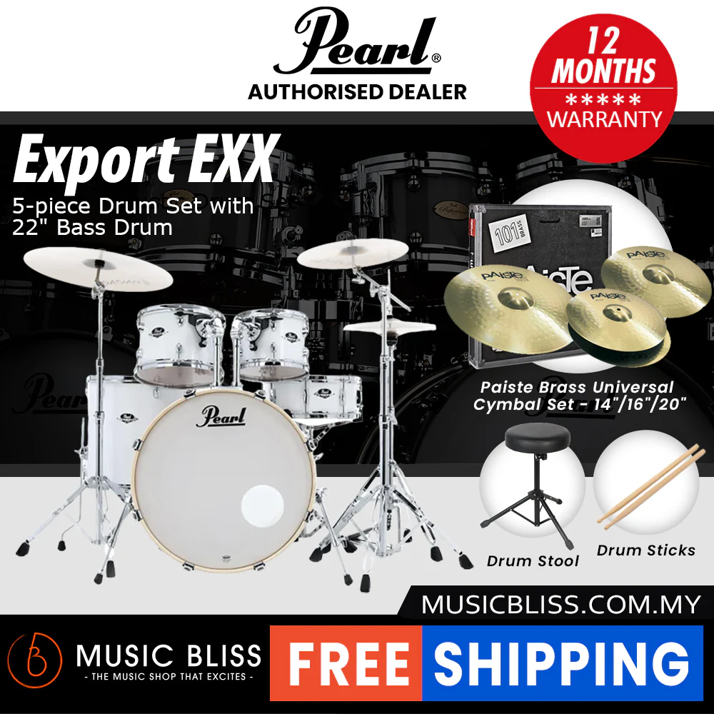 Pearl Export EXX 5-Piece Drum Set with Hardware, Drumstick and Throne - 22 Inch Bass Drum - Pure White - Image 5