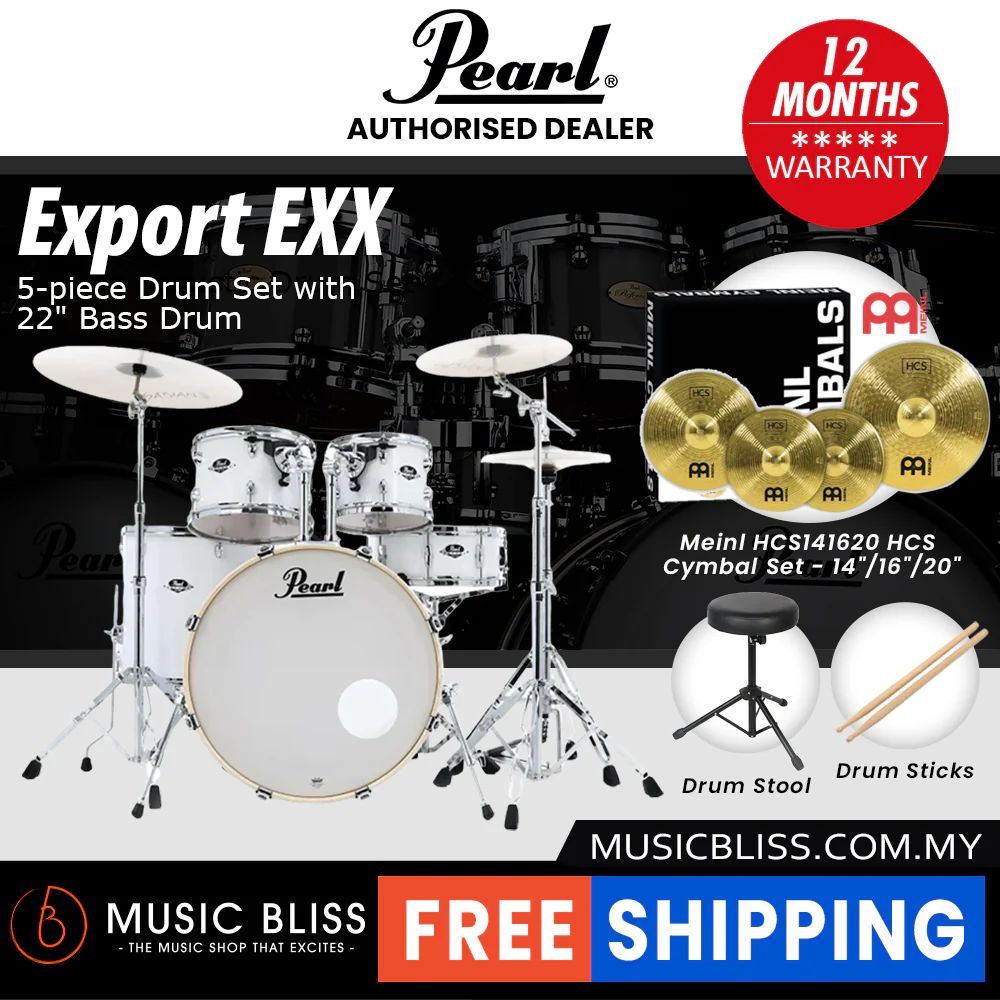 Pearl Export EXX 5-Piece Drum Set with Hardware, Drumstick and Throne - 22 Inch Bass Drum - Pure White - Image 6