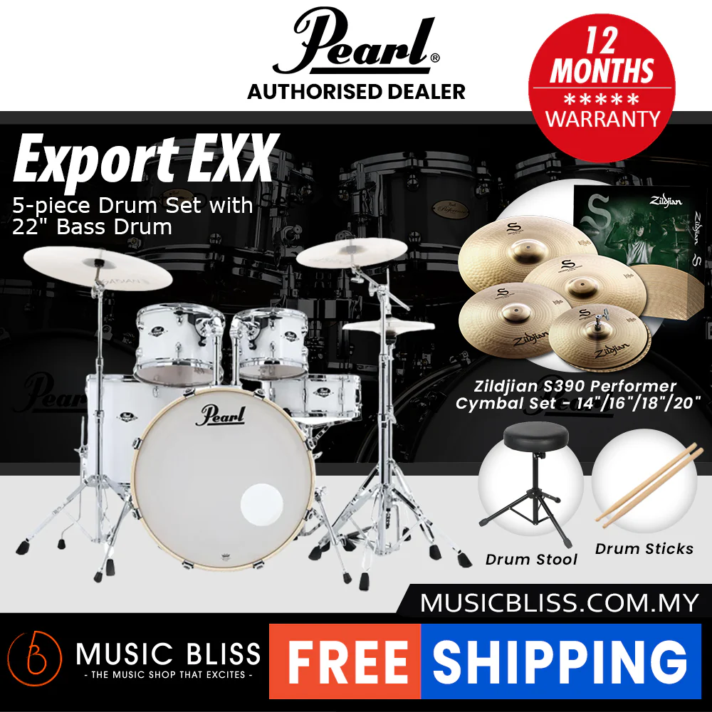 Pearl Export EXX 5-Piece Drum Set with Hardware, Drumstick and Throne - 22 Inch Bass Drum - Pure White - Image 8