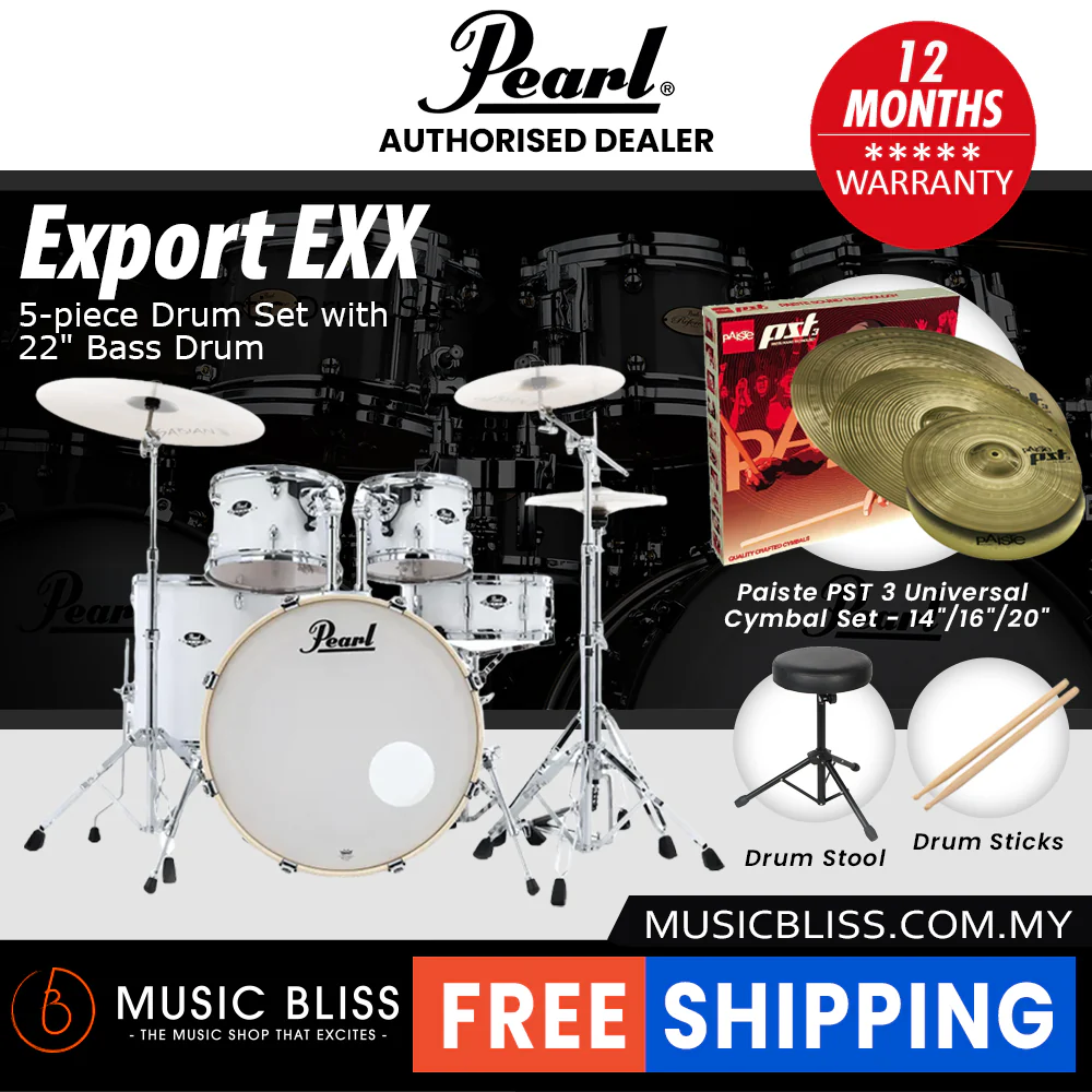 Pearl Export EXX 5-Piece Drum Set with Hardware, Drumstick and Throne - 22 Inch Bass Drum - Pure White - Image 9