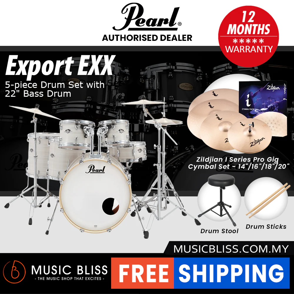 Pearl Export EXX 5-Piece Drum Set with Hardware, Drumstick and Throne - 22 Inch Bass Drum - Slipstream White - Image 10