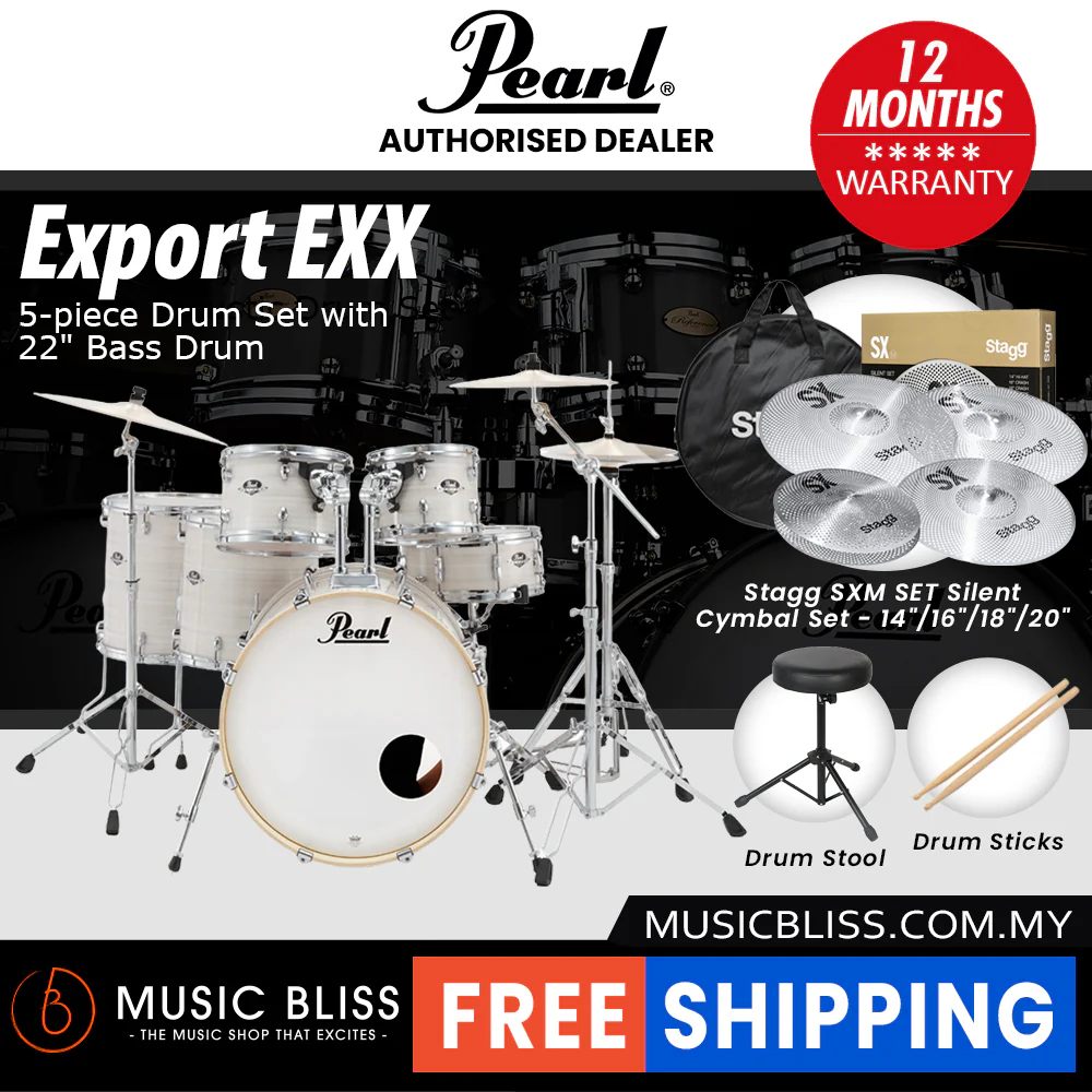 Pearl Export EXX 5-Piece Drum Set with Hardware, Drumstick and Throne - 22 Inch Bass Drum - Slipstream White - Image 11