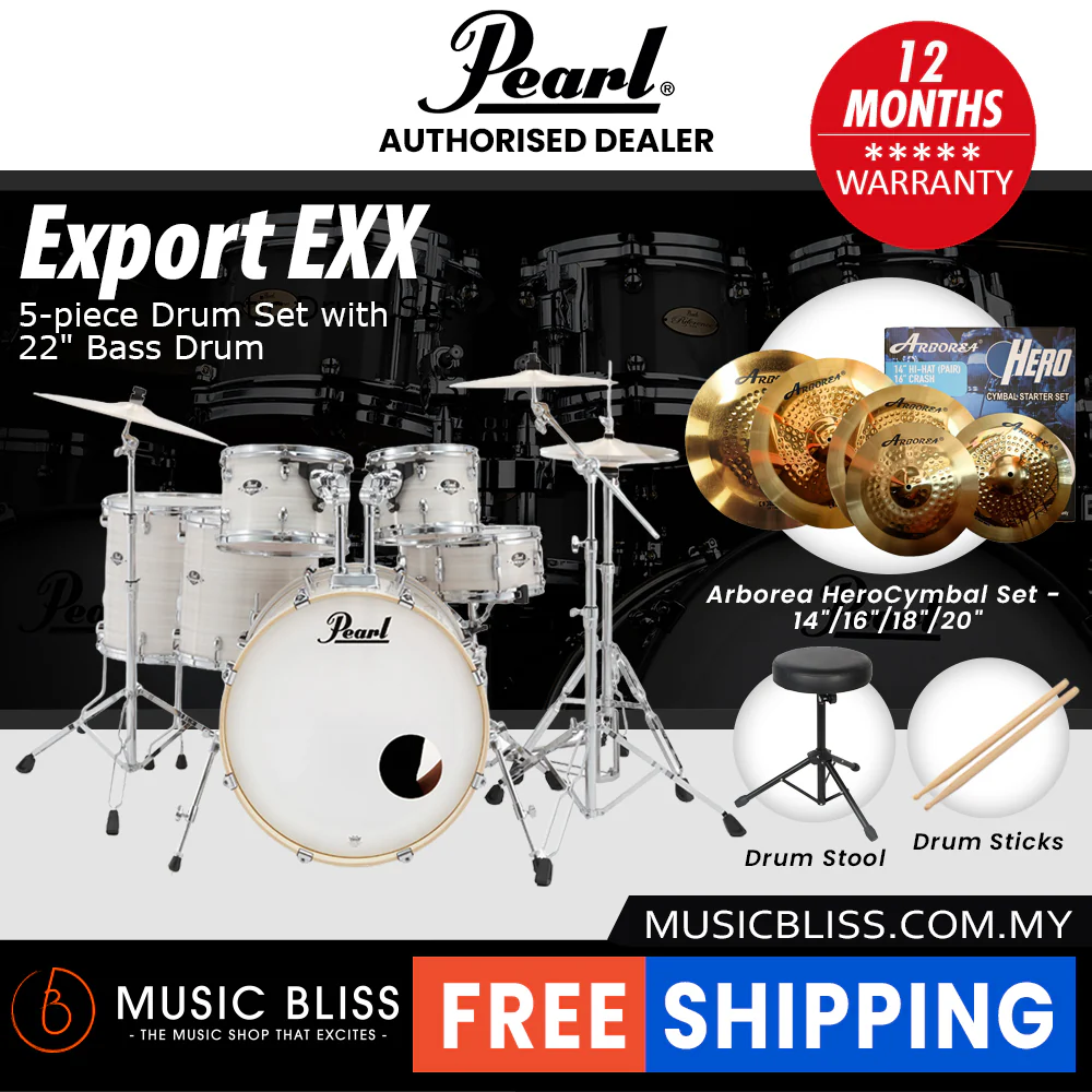 Pearl Export EXX 5-Piece Drum Set with Hardware, Drumstick and Throne - 22 Inch Bass Drum - Slipstream White - Image 12