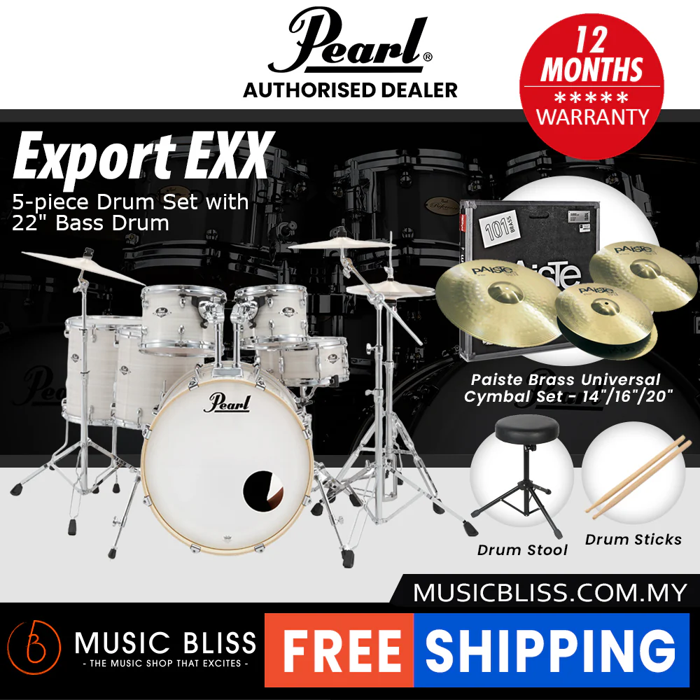 Pearl Export EXX 5-Piece Drum Set with Hardware, Drumstick and Throne - 22 Inch Bass Drum - Slipstream White - Image 2