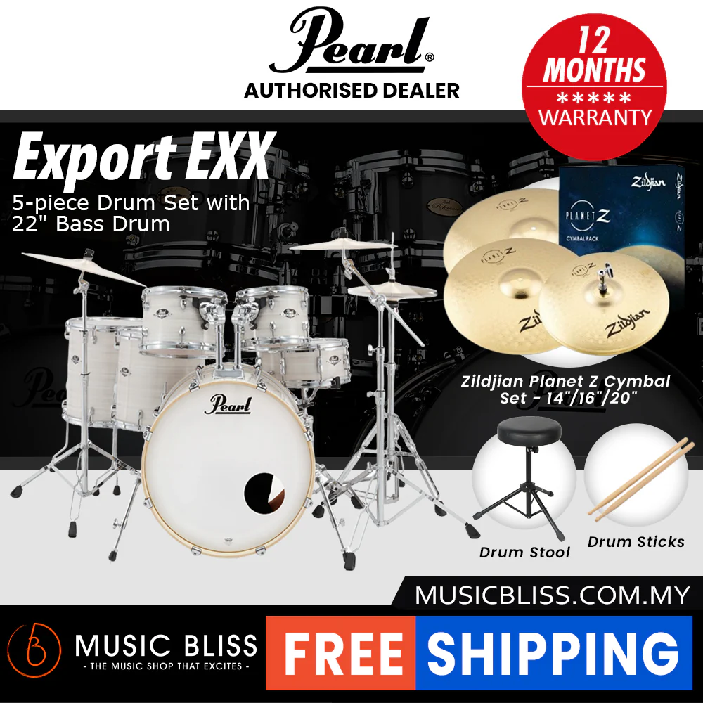 Pearl Export EXX 5-Piece Drum Set with Hardware, Drumstick and Throne - 22 Inch Bass Drum - Slipstream White - Image 3