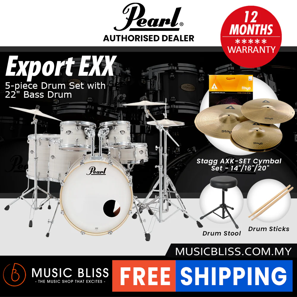 Pearl Export EXX 5-Piece Drum Set with Hardware, Drumstick and Throne - 22 Inch Bass Drum - Slipstream White - Image 4