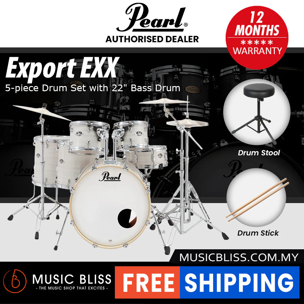 Pearl Export EXX 5-Piece Drum Set with Hardware, Drumstick and Throne - 22 Inch Bass Drum - Slipstream White - Image 5