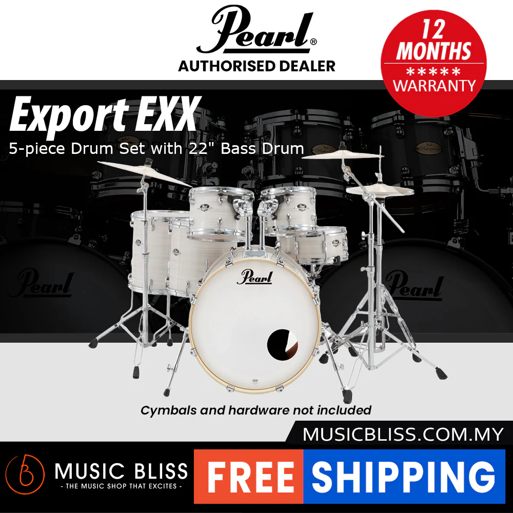 Pearl Export EXX 5-Piece Drum Set with Hardware, Drumstick and Throne - 22 Inch Bass Drum - Slipstream White - Image 6