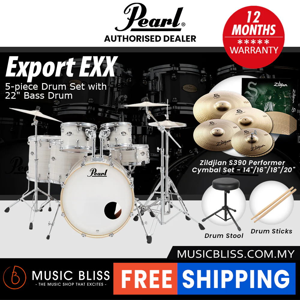 Pearl Export EXX 5-Piece Drum Set with Hardware, Drumstick and Throne - 22 Inch Bass Drum - Slipstream White - Image 8