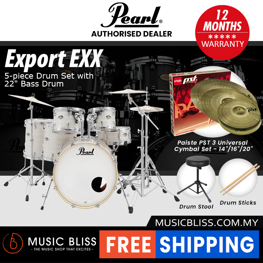 Pearl Export EXX 5-Piece Drum Set with Hardware, Drumstick and Throne - 22 Inch Bass Drum - Slipstream White - Image 9