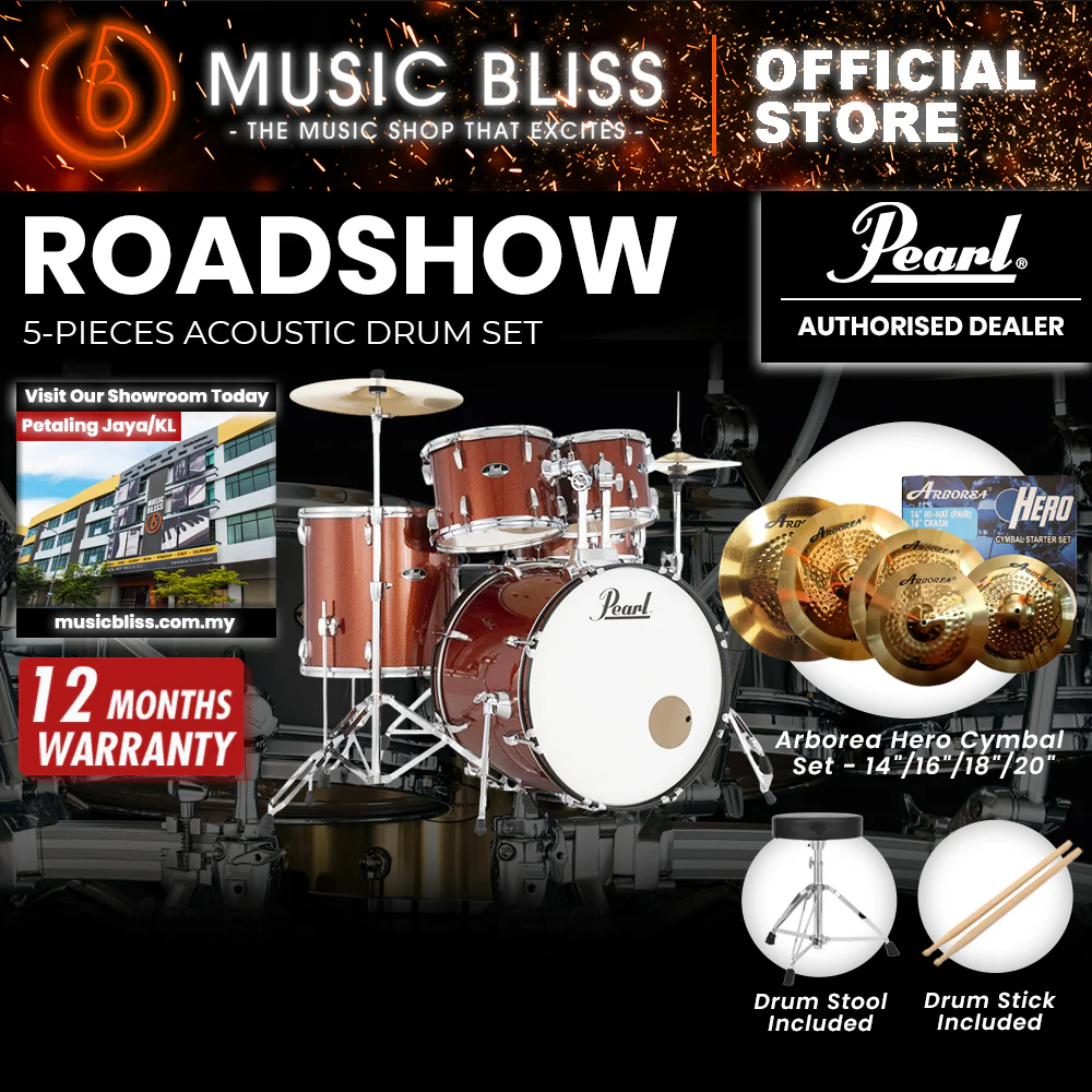 Pearl Roadshow 5-piece Drum Set with Drumstick and Throne - 22 Inch Bass Drum - Burnt Orange Sparkle - Image 10