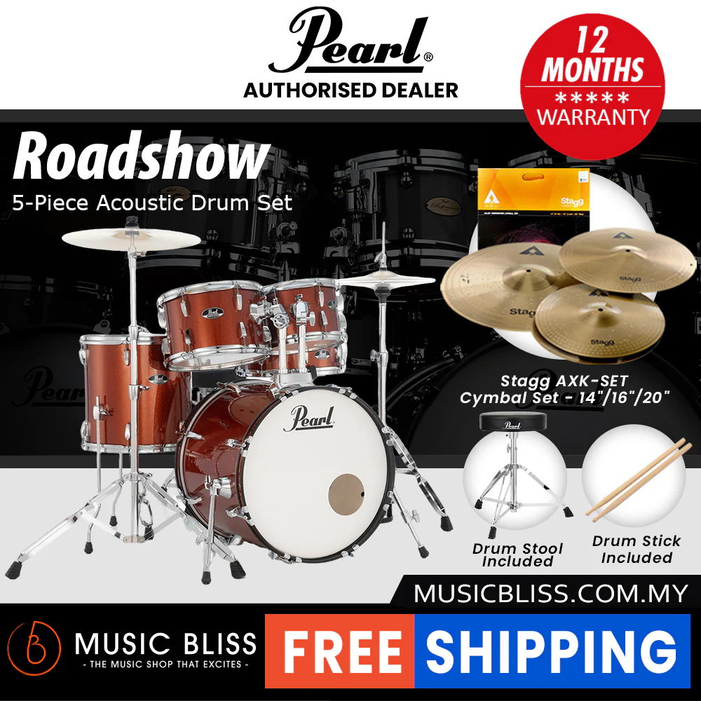Pearl Roadshow 5-piece Drum Set with Drumstick and Throne - 22 Inch Bass Drum - Burnt Orange Sparkle - Image 2