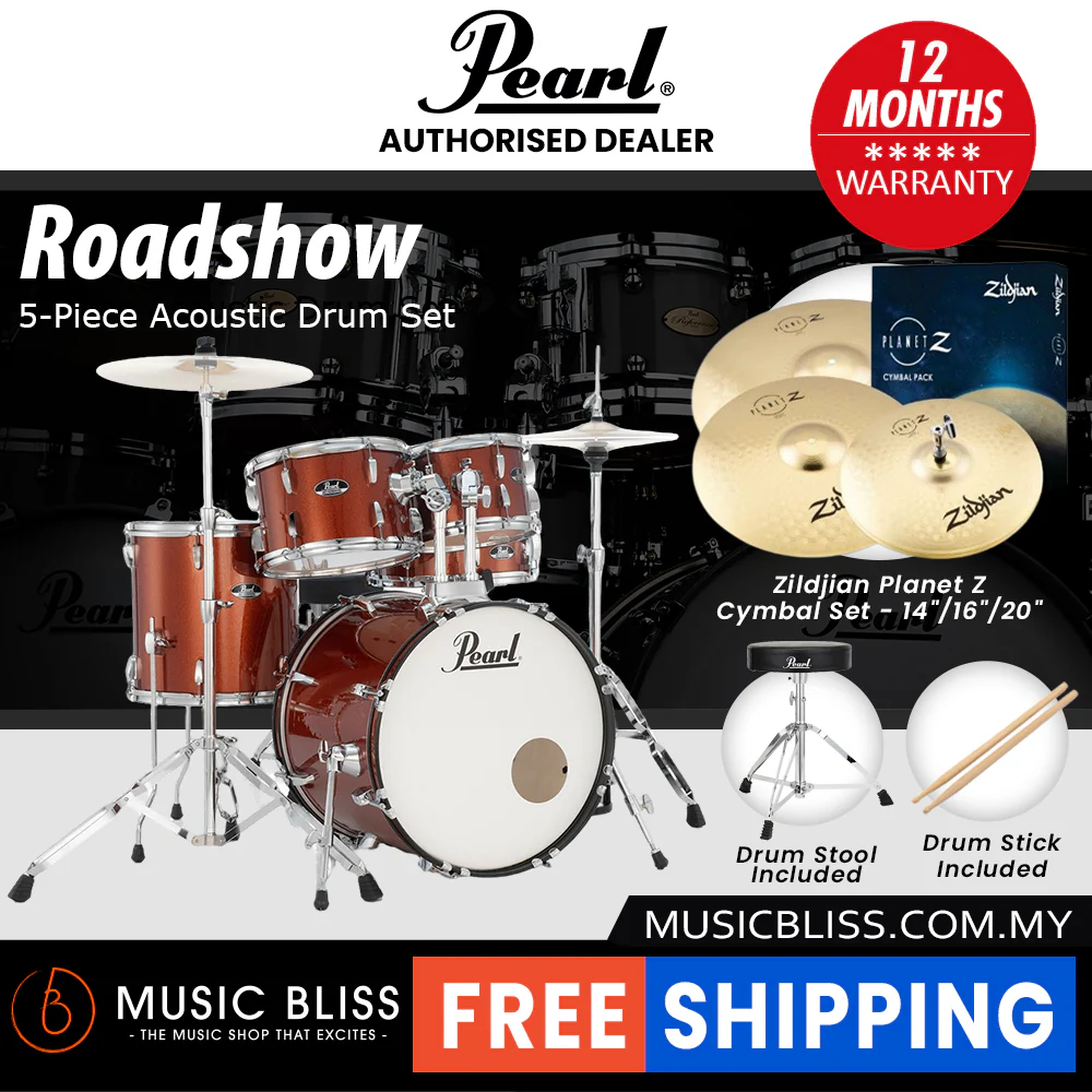 Pearl Roadshow 5-piece Drum Set with Drumstick and Throne - 22 Inch Bass Drum - Burnt Orange Sparkle - Image 3