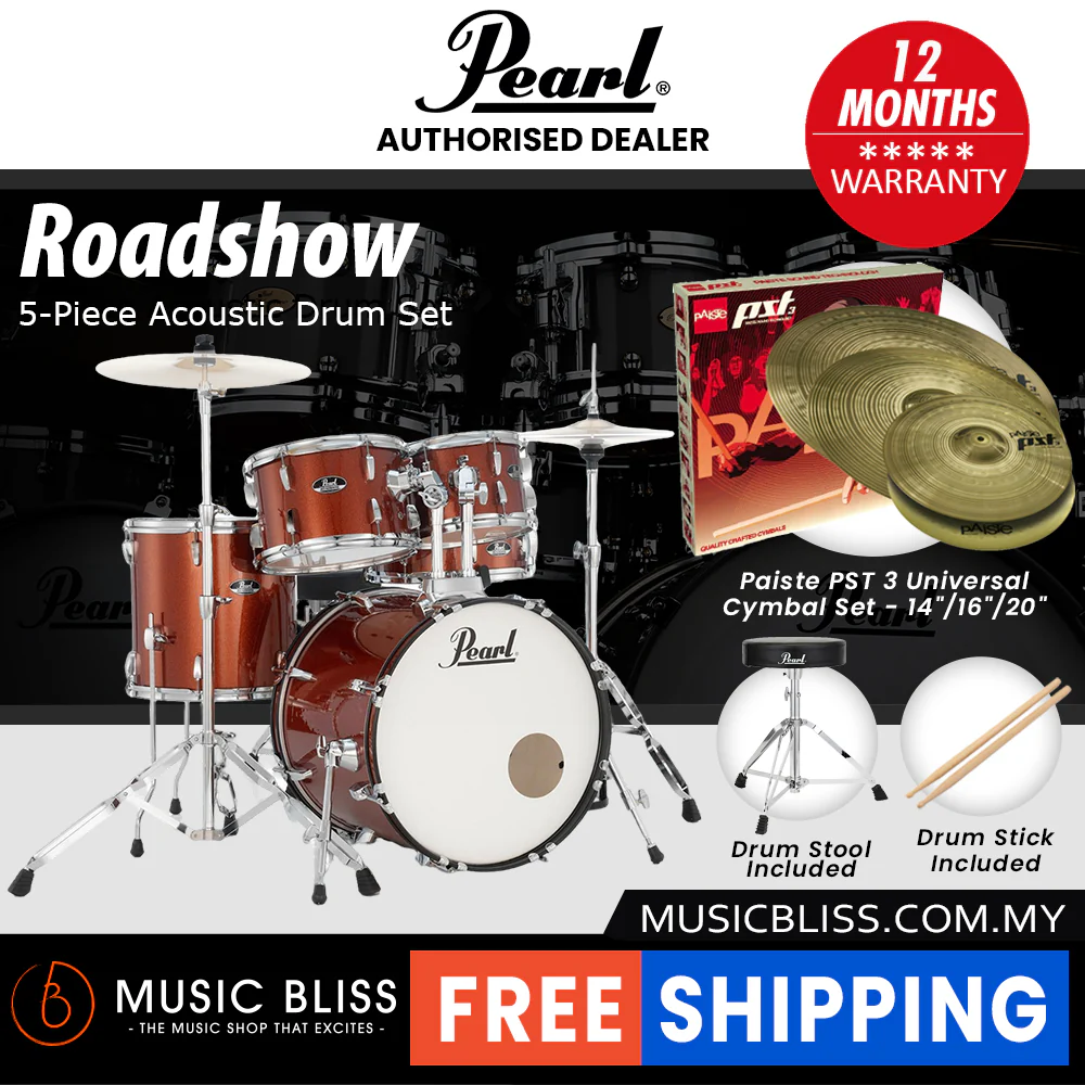 Pearl Roadshow 5-piece Drum Set with Drumstick and Throne - 22 Inch Bass Drum - Burnt Orange Sparkle - Image 4