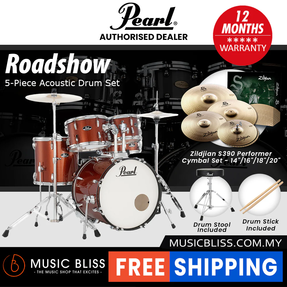 Pearl Roadshow 5-piece Drum Set with Drumstick and Throne - 22 Inch Bass Drum - Burnt Orange Sparkle - Image 5